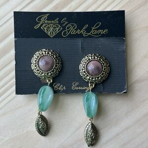 Park Lane Beaded Dangle Earrings 3 Inch Gold Green‎ Purple Faux Stones Ornate